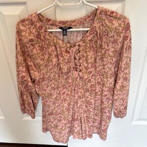 Chaps Pink Floral Lace-Up Peasant Top